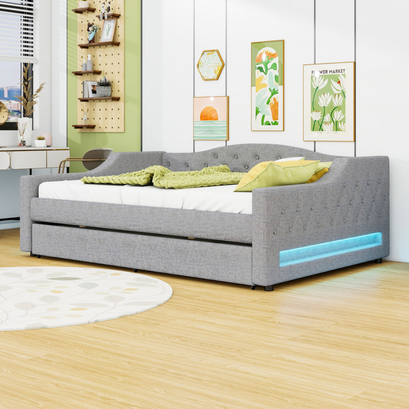 Upholstered Daybed with LED Lights and Trundle, Gray