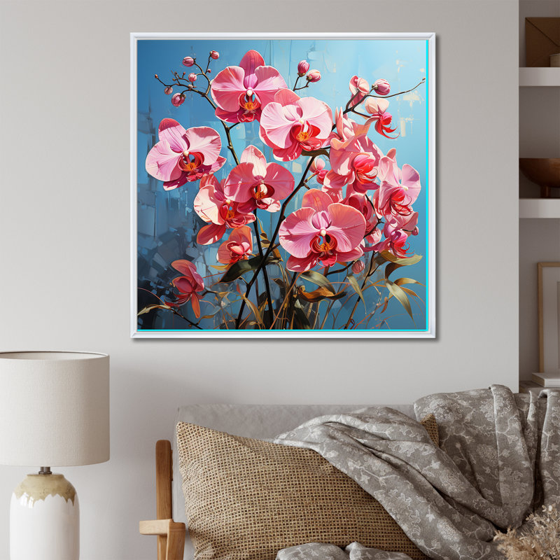 Orchidées roses néon sur toile, H 16 po x l 16 po x P 1 po, Cadre flottant blanc