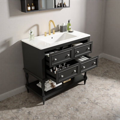 Ensemble de meuble-lavabo 36 po avec ensemble de meuble-lavabo, lavabo en céramique encastré, ensemble de meuble-lavabo autoportant avec 4 tiroirs, armoire de salle de bain avec cadre en bois massif