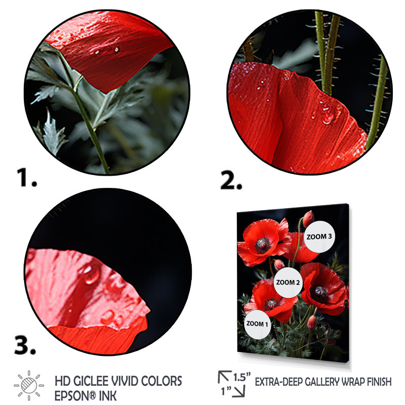 Cascade de Reds Dynamic Poppy Scene II - coquelicots, art mural, H 44 po x l 34 po x P 1,5 po, Cadre photo argenté