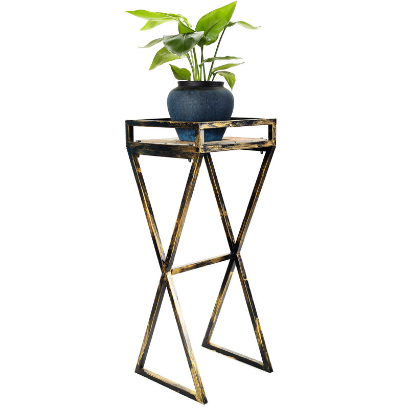 Support à plante en métal 35,5 po avec dalle de pierre grise - finition thermolaquée trempée, conception de chemin de fer 14,63 po x 3,5 po au look rustique