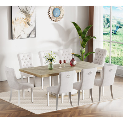 62.99" -78.74" Extendable Dining Table Set, White Oak Dining Room Table & Velvet Dining Chairs with Stainless Leg, Rustic Kitchen Dining Table and Chairs Set, Modern Dining Table Set