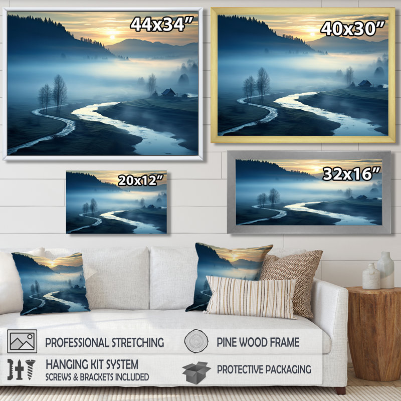 Brume matinale au-dessus de Forest River - rivière Mountain, art mural, Cadre flottant noir, bois massif, H 34 po x l 44 po
