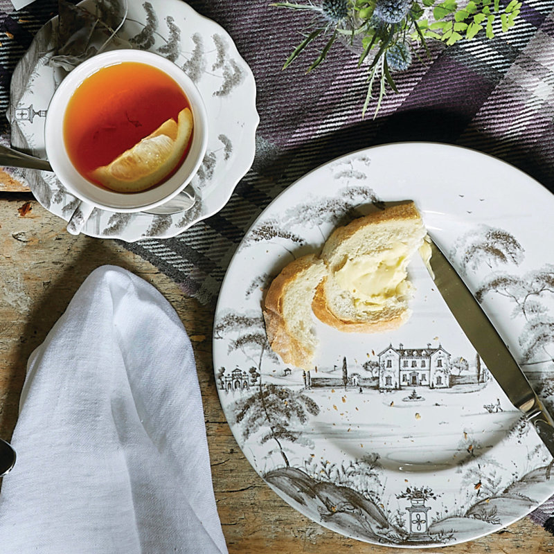 Flint Gray and White Ceramic Dinner Plate with Hand-Painted Design