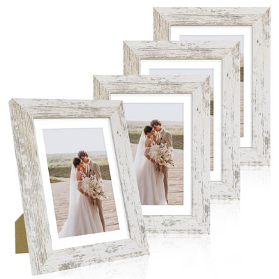 5X7 Picture Frame Set Of 4, Made Of Real Glass And Distressed White Wooden Frame, 5 By 7 Photo For Wall Or Tabletop - Display Picture 4X6 With Mat Or 5X7 Without Mat