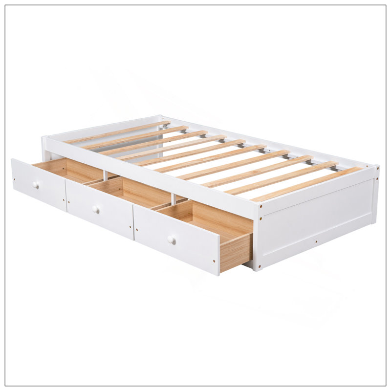 Lit plateforme simple avec rangement et 3 tiroirs, Blanc