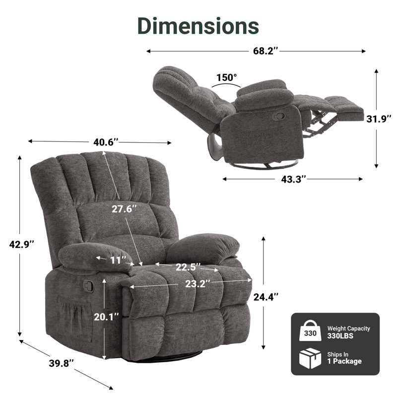 Breasha 39.7" Wide Manual Upholstered Swivel Rocker Recliner, Gray Chenille