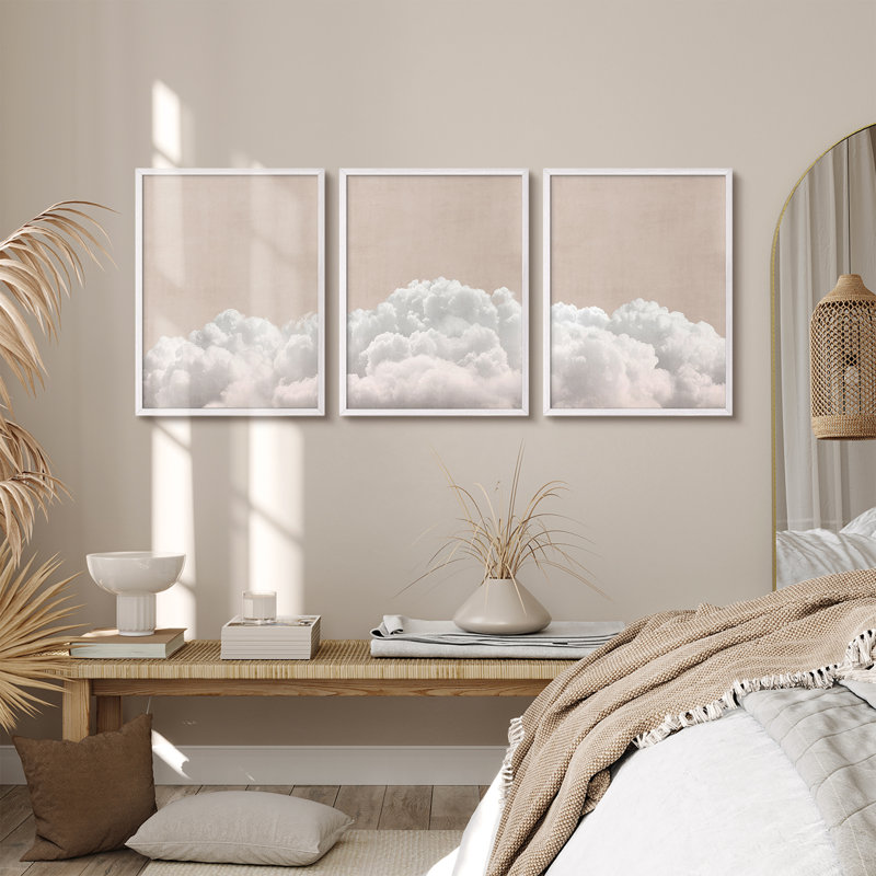 Ensemble de 3 pièces d'art mural encadré en nuage - Impressions de ciel blanc neutre pour décor de chambre à coucher, de chambre de bébé ou de salon