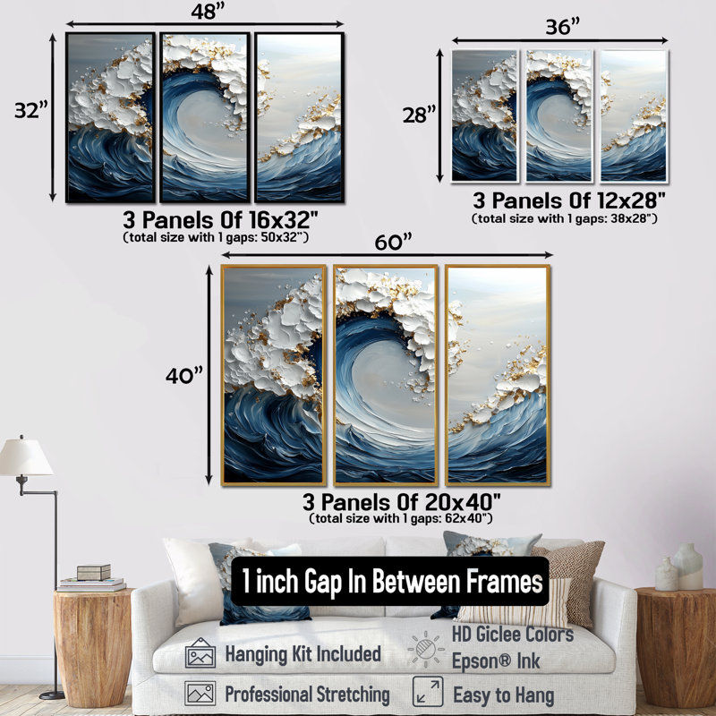 Ensemble de salon art mural bleu et blanc, Toile avec cadre flottant noir, H 32 po x l 48 po x P 1 po