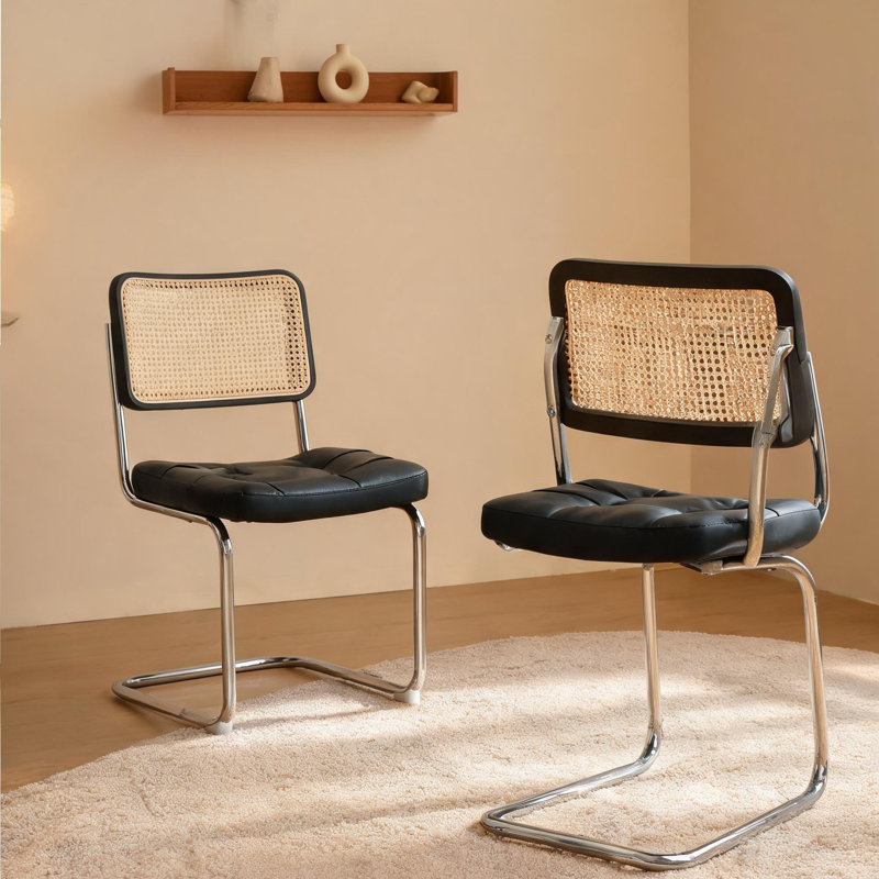 Ensemble de 2 chaises d'appoint de style Mid-Century avec dossier en rotin tissé et sièges en similicuir, noir classique