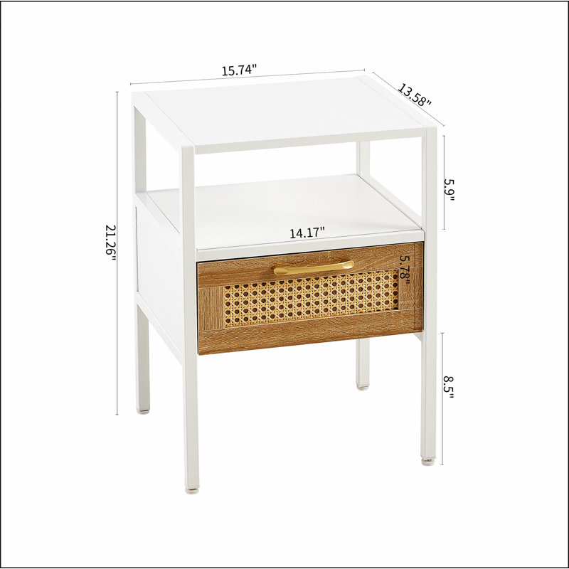 White Rattan and Faux Wood End Table with Drawer