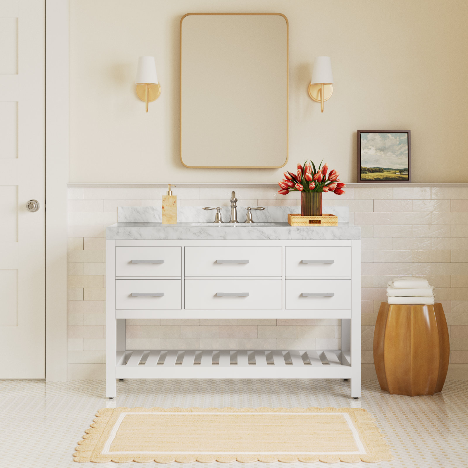 Carrie 48" Carrara Marble Single Bathroom Vanity, White/Brushed Nickel, Carrara White Marble