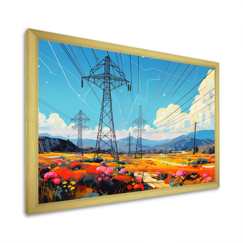 Lignes électriques «Gridscape Serenade I» - art mural grandes lignes électriques, Encadrement doré