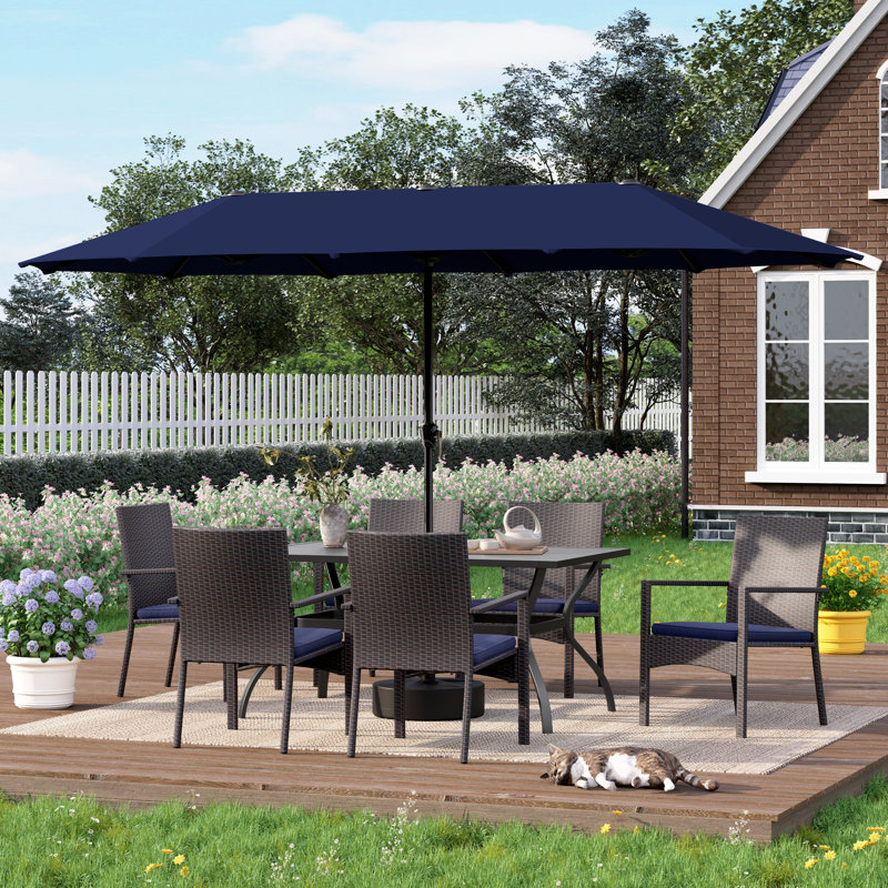 Rectangular Metal 6-People Patio Dining Set With Umbrella, Navy