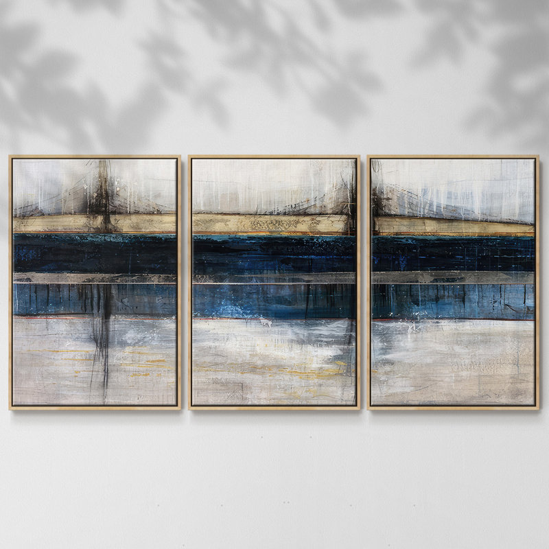 City Blue - Multi Piece Framed Canvas, 36" H x 75" W, Natural Framed