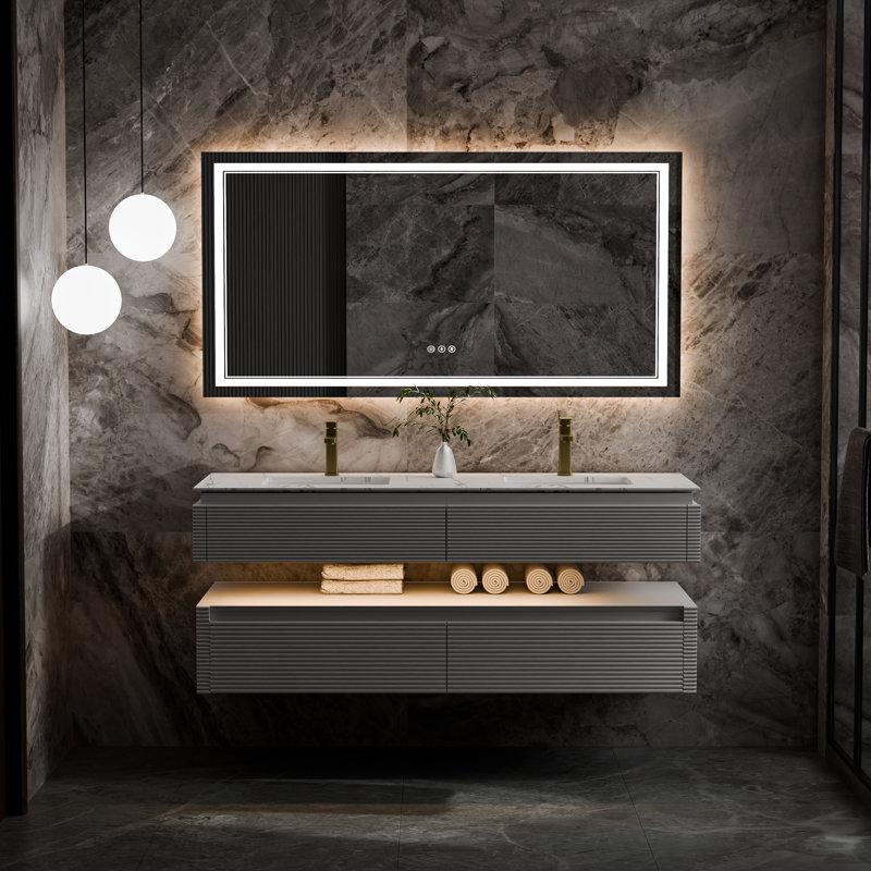 Meuble-lavabo double mural 60 po avec comptoir en pierre d'ingénierie, lavabos certifiés CUPC et veilleuse intégrée - finition blanche 60 po