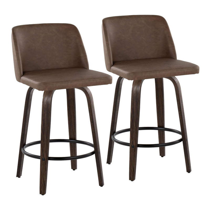 Thea 26" Fixed-Height Counter Stools with Bent Wood Legs & Round Footrest, Espresso, Walnut/Black
