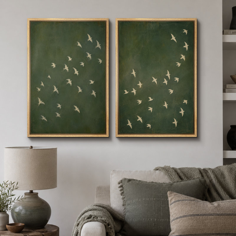 Illustration d'oiseau volant vert olive, images de salon, impression sur toile encadrée, 2 pièces, 36" H x 48" W x 1.5" D