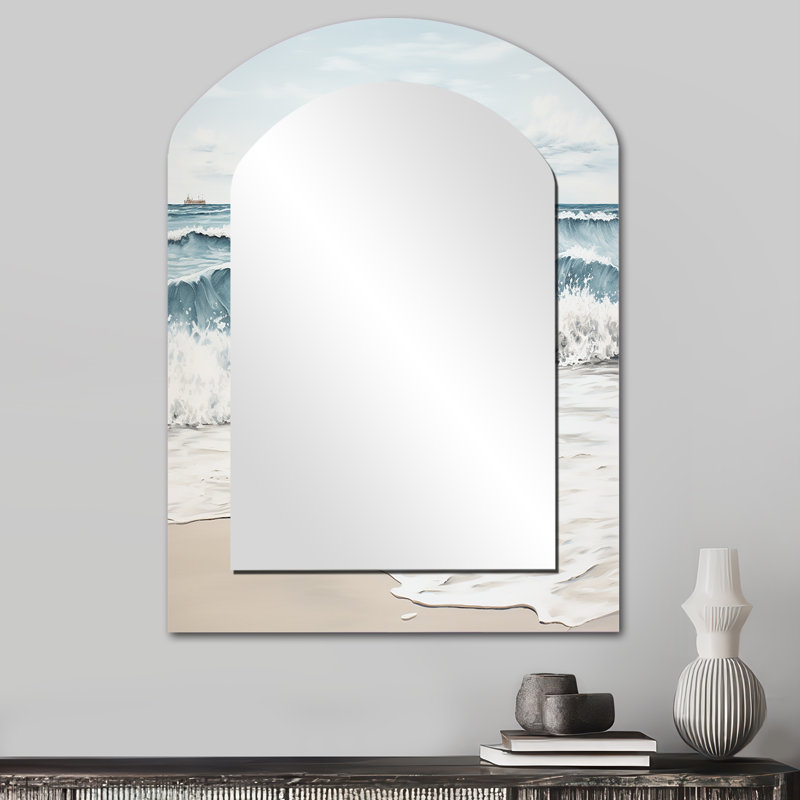 Beach Minimalisme Landscape III - Miroir mural décoratif asymétrique Beach, miroir arqué gris, impression sur métal