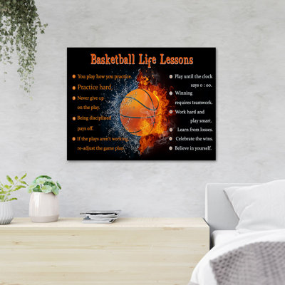 Basketball On Fire Black Background - Basketball Life Lessons - 1 Piece Rectangle Graphic Art Print On Wrapped Canvas
