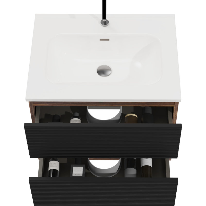 Unité de salle de bain murale 24 "- Noir doux et noyer. Lavabo en céramique avec trop-plein. Rangement spacieux, Thème de meuble-lavabo à fermeture silencieuse silencieuse. Technologie moderne et abondante