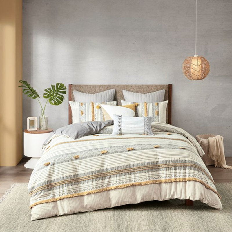  Housse de couette pour très grand lit avec imprimé rayé gris / jaune de qualité confortable