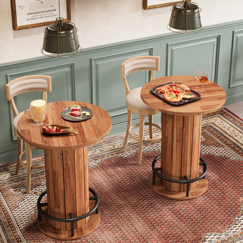 39.4" H Round Dining Table, Small Kitchen Bar Table with Footrest for Dining Room, Pub, Bar(Set of 2), Walnut Brown