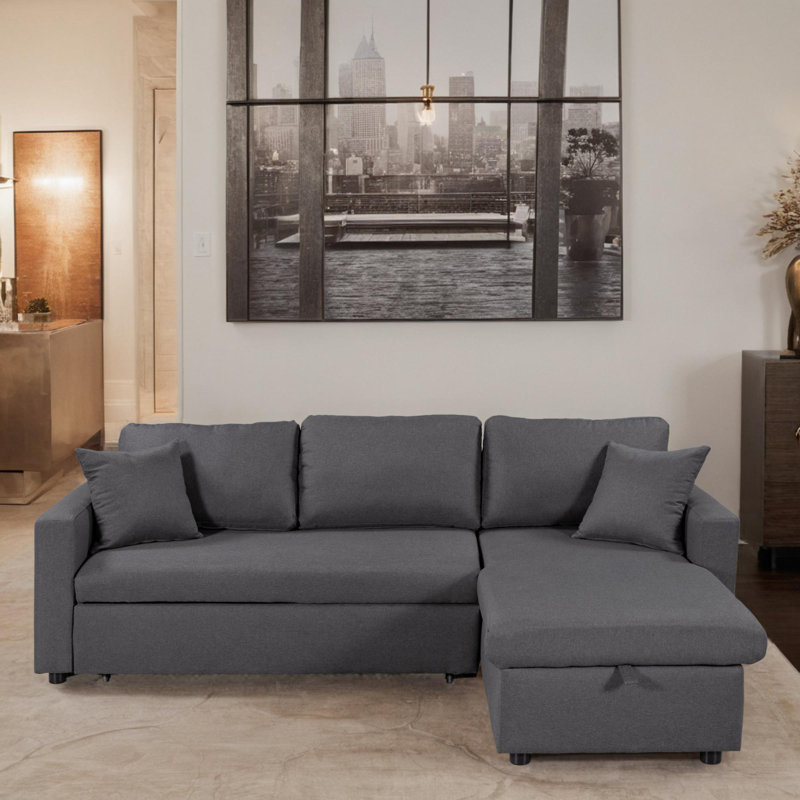88" Wide Right-Hand Facing Sleeper Sectional Sofa & Chaise, Gray Polyester Blend