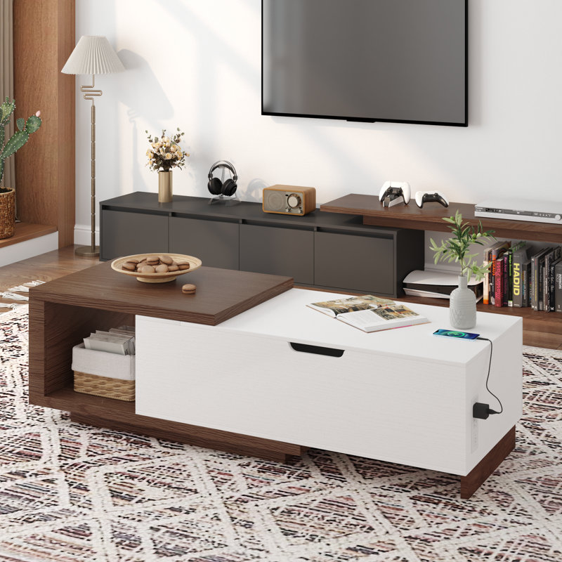 Table basse extensible de 47,2 po à 59 po, table basse relevable avec station de charge et rangement caché, table centrale peu encombrante avec tablette réglable pour le salon, le bureau personnel