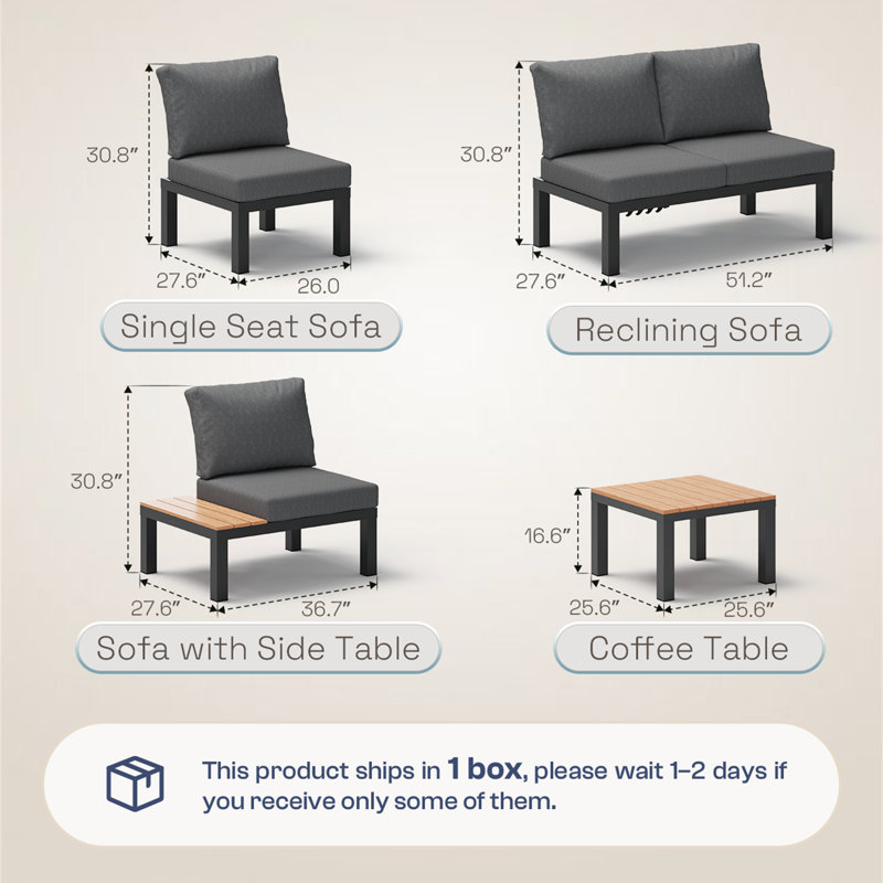 Table basse carrée en aluminium pour patio avec plateau en faux bois de teck, table d'appoint d'extérieur résistante aux intempéries pour la cour arrière, graphite
