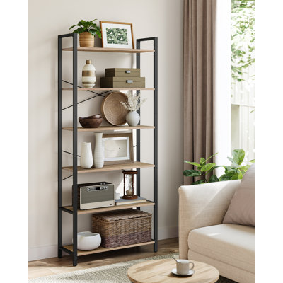 6 Tier Bookcase With Steel Frame, Free Standing Shelf, Living Room, Bedroom, Office, Industrial Design, Black Ink