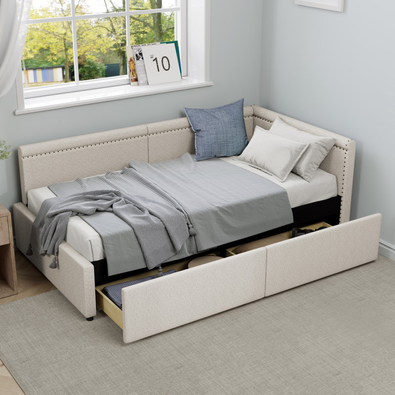 Lit simple d'angle en forme de L, lit de jour rembourré en lin beige, deux tiroirs de rangement, lit de performance longue durée avec forme, spacieux pour le repos