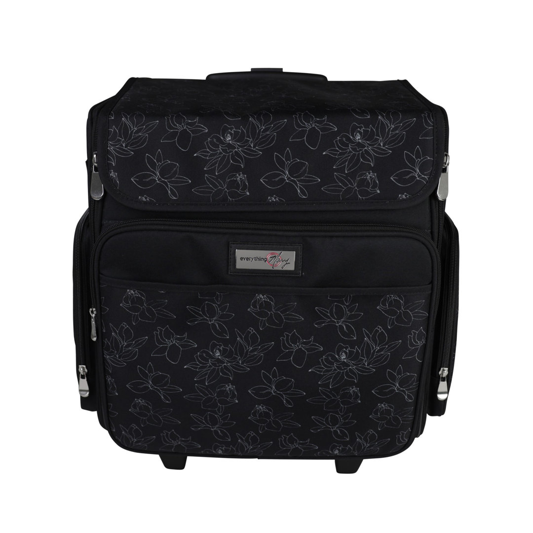Everything Mary Collapsible Rolling Tote Bag, 2 Wheel Trolley Bag for Sewing/Crafts-Black & White Floral