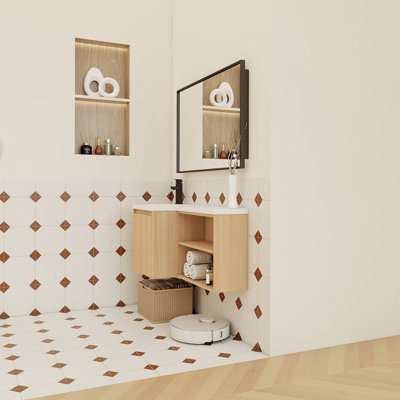 Meuble-lavabo de coin flottant de 36 pouces avec lavabo en gel enduit de résine intégré, conception murale en forme de L, porte à fermeture en douceur, tablettes ouvertes et fabrication résistante à l'humidité.