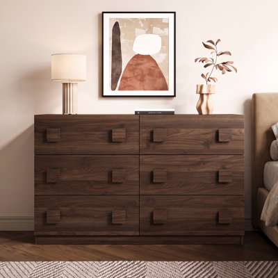 Zayas 47.2"W 6-Drawer Mid-Century Modern Dresser with Square Block Handles, Dark Walnut Finish