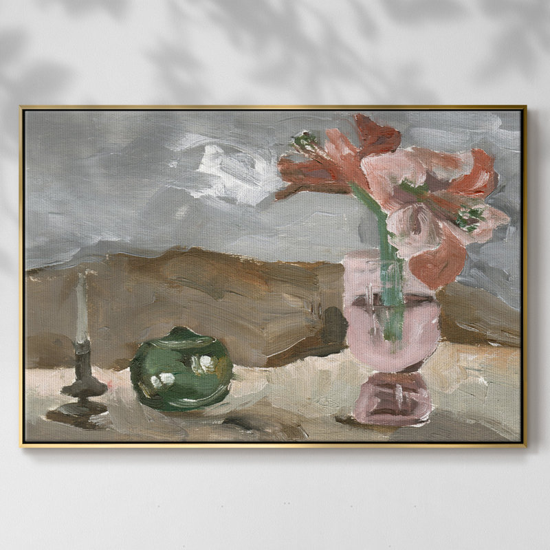 Vase de fleurs roses II - impression, H 27 po x l 41 po x P 2 po, Toile avec cadre flottant or