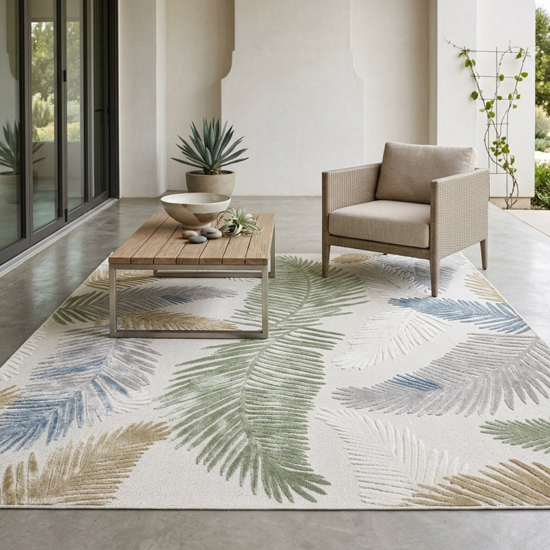 Tapis à poils longs et courts à motif floral d'intérieur / extérieur non délavé crème / vert / bleu / brun clair pour patio, terrasse, porche ou entrée
