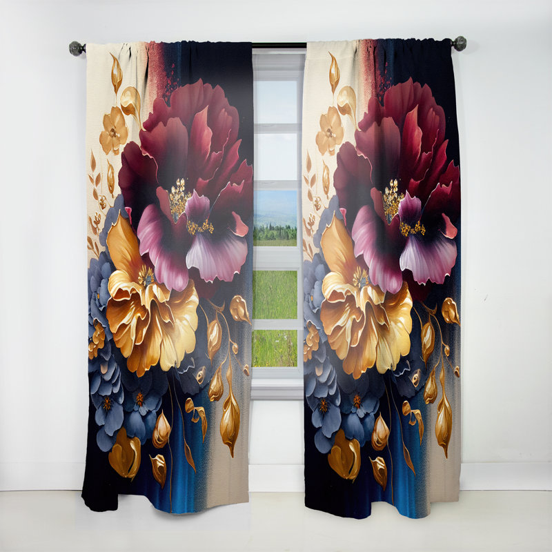 Rideau en velours floral bourgogne et bleu Floral Bunch II - 1 panneau, L 52 po x L 90 po