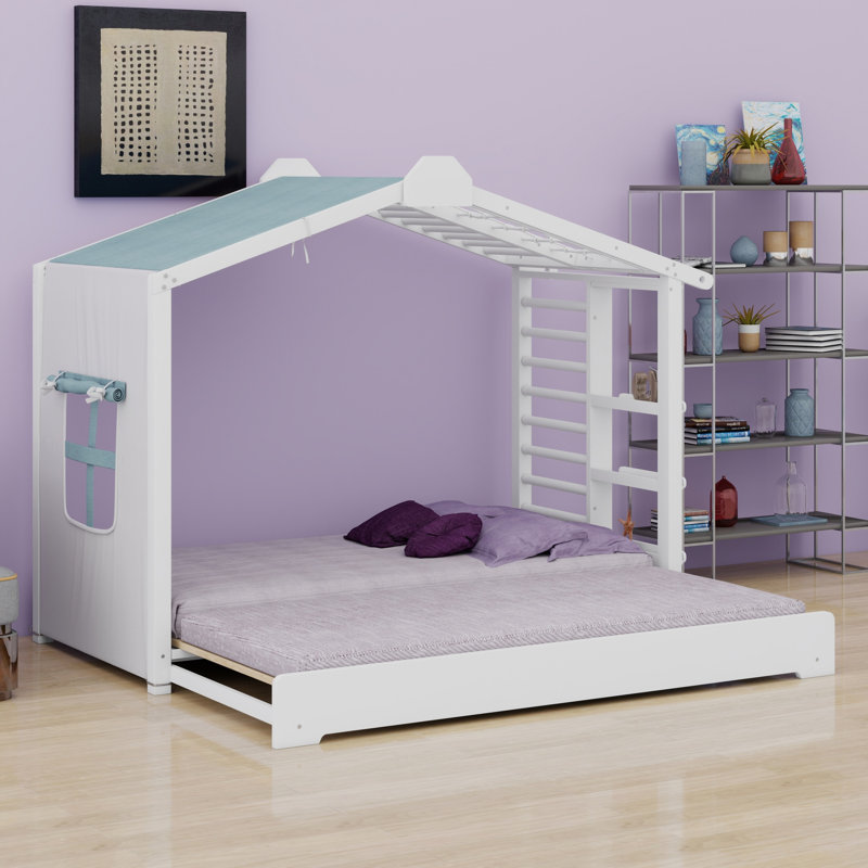 Lit contemporain avec lit gigogne et tablettes latérales, Blanc
