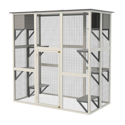 Gray Wood Cat Enclosure, Asphalt Roof, 6 Platforms, 2 Napping Boxes, Ideal For Patio Exercise Activities