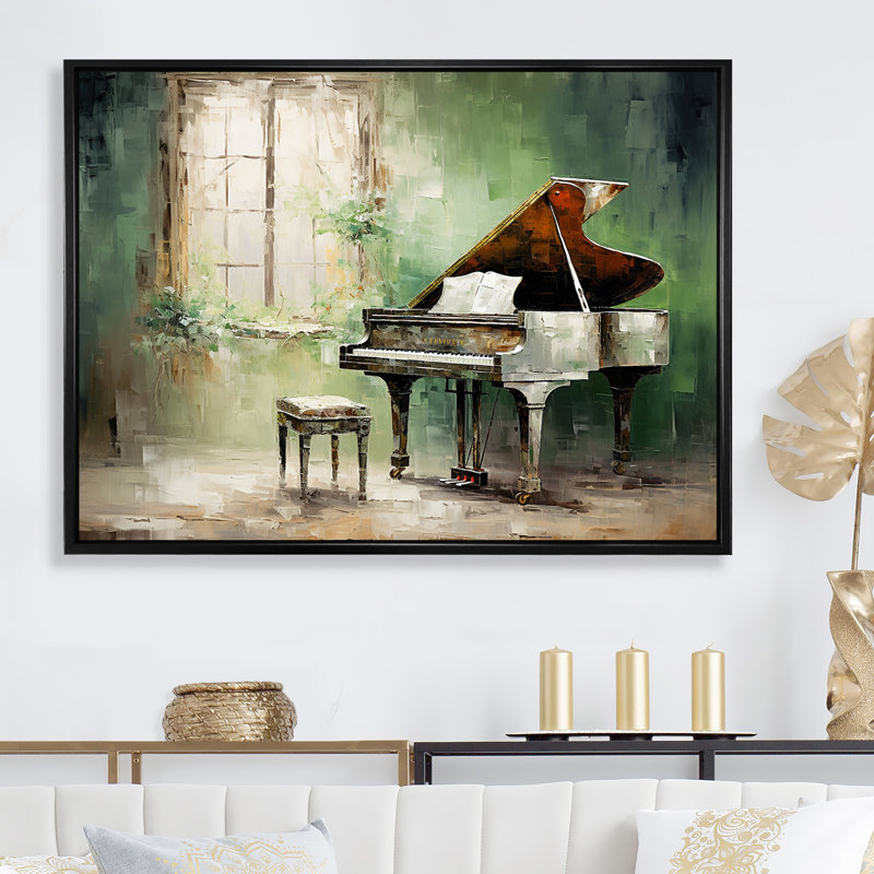 «Green Piano Impressionist», art mural sur toile, Cadre flottant noir, H 12 po x l 20 po x P 1 po