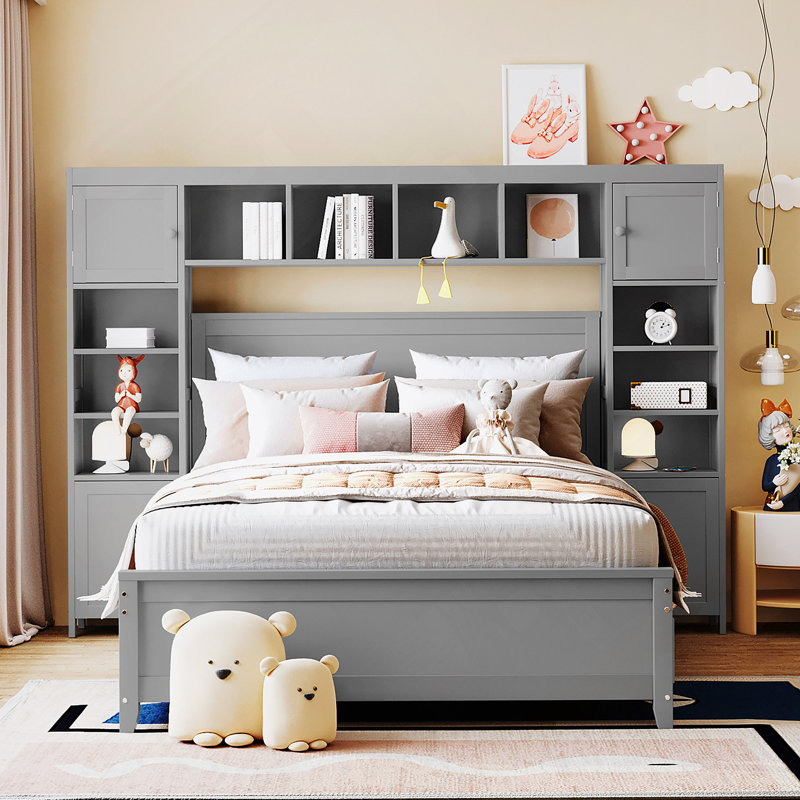 Lit double en bois avec armoire et tablette tout-en-un, gris