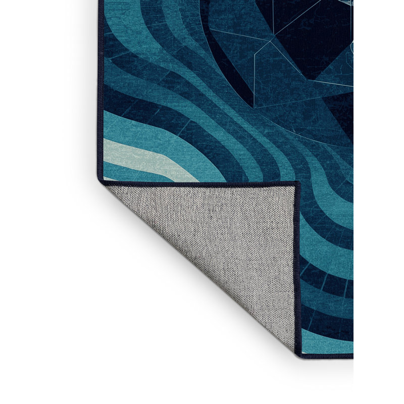 Machine Washable Orlena Global Inspired Geometric Rug in Blue – Navy Binding, 2 x 3