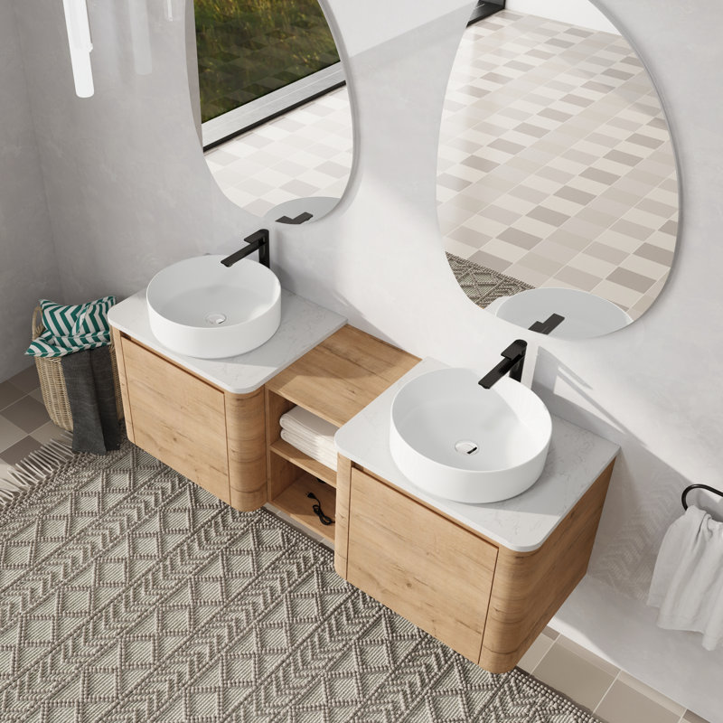 60" Wall Mounted Double Bathroom Vanity with Ceramic Sink, White, 60"