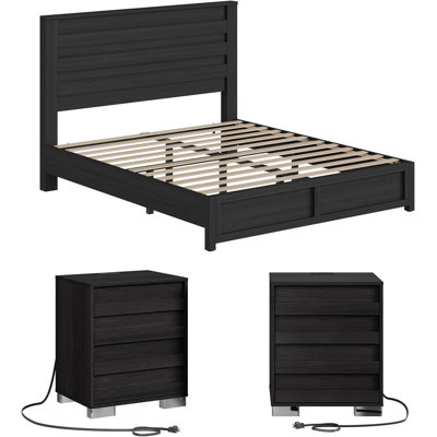 Ensemble de chambre avec lit plateforme et table de chevet 3 pièces Louby