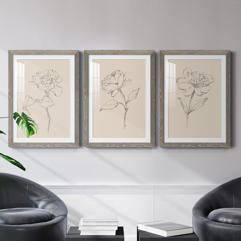Floral Contour Study I Premium encadré mat - prêt à être accroché, Gris, H 37,5 po x l 82,5 po x P 1 po