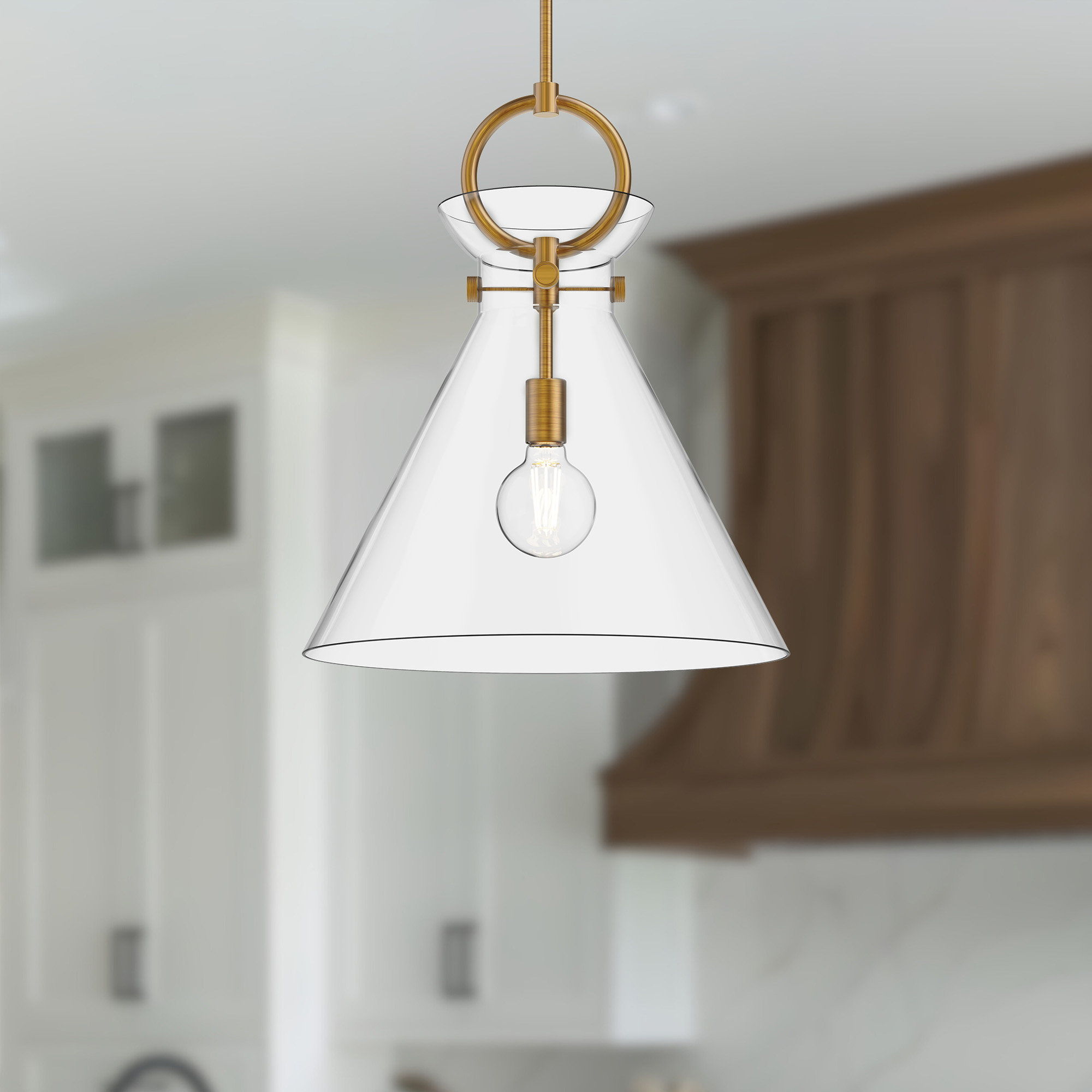 Tiney Single Light Glass Steel Pendant, Aged Gold/Clear, 21.75" H x 18" W x 18" D