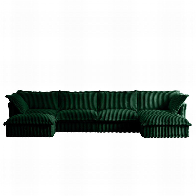 Evelyn U-Shaped Sectional Sofa with 2 Ottomans, Green Corduroy, 34.6" H x 156.6" W x 55" D