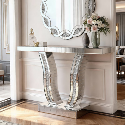 43 Inch Mirrored Console Table, Modern Silver Entryway Sofa Table With Curved Stone-Inlaid Legs, Glamorous And Versatile Accent For Living Room And Hallway