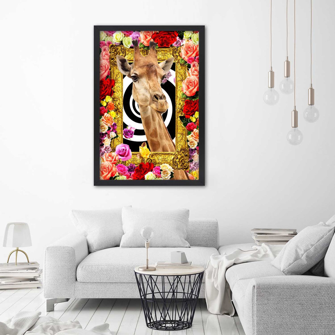 Gerahmtes Poster Giraffe auf einem Hintergrund aus Blumen